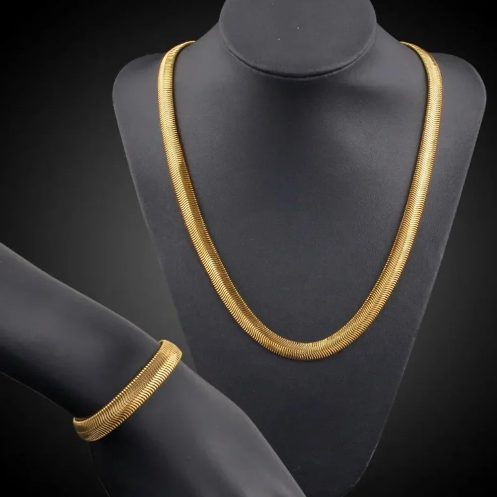 20 Inch Herringbone Necklace and 8 inch Bracelet Set 6mm Wide 18K Yellow Gold